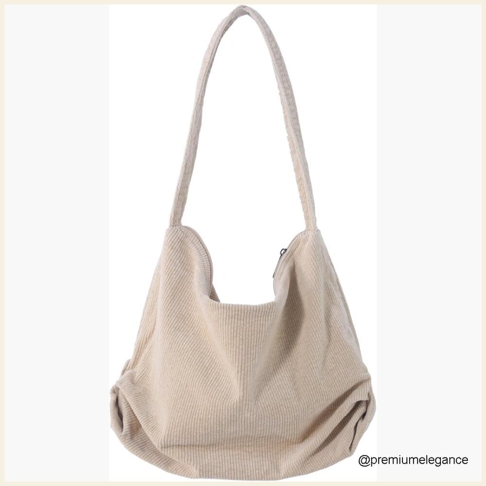 Large Corduroy Tote Bag with Zipper Pocket, Hobo Style Shoulder Purse